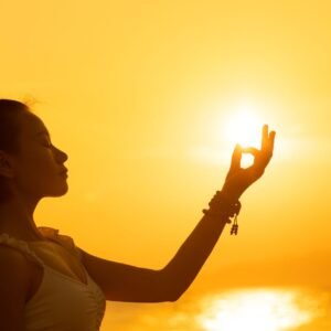 Silhouette of a woman meditating by the sea during a vibrant sunset, creating a peaceful atmosphere.
